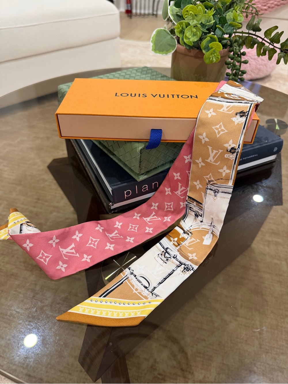 2 Louis Vuitton Pink & Tan Monogram Silk Twilly with Trunk Motif